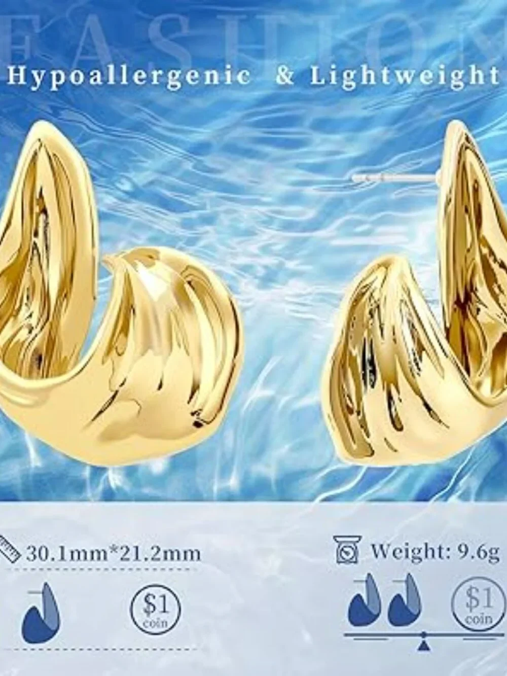 NEW Stud Earrings for Women 18k Gold Plated Earring Statement Trendy Double Wave